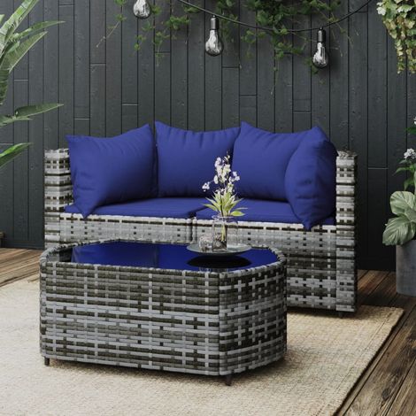 3-tlg. Garten-Lounge-Set, Gartenmöbel, Sitzgruppe Gartenset mit Kissen Grau Poly Rattan LLOAQ145767 BonneVie (1/5)
