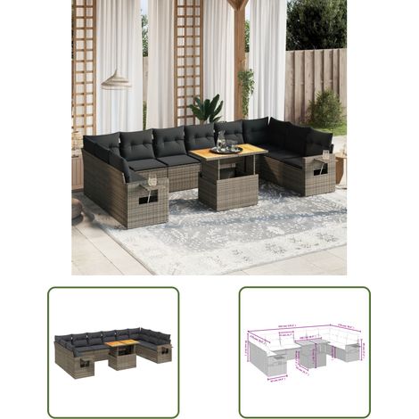 The Living Store 11-tlg. Garten-Sofagarnitur mit Kissen Grau Poly Rattan - Gartenmöbel - PE-Rattan Möbel - Outdoor-Set - Lounge Set - Sofasitzgruppe