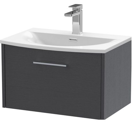 Winshill Contemporary 1 Drawer Wall Hung Vanity Unit with Curved Basin, Woodgrain Dark Grey, 600mm (1/4)