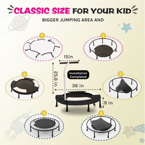 Trampolín infantil de 91 cm con asa, 7 patas, acero y PVC, negro y blanco DESVIAE (1/2)