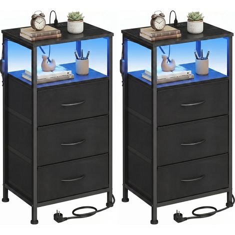 Table de Chevet avec Éclairage LED et Multiprise, Lot de 2, 3 Tiroirs et 1 Compartiment Ouvert, Noir (1/5)