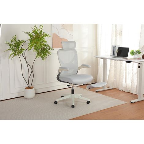 Chaise de Bureau Ergonomique Pliable - 62x48.5x129cm - Fauteuil Dossier Maille et Assise en Mousse avec Repose-Pieds - Gris (1/5)