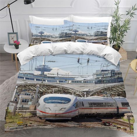 Housse de Couette 140x200 cm Enfant Train Chemin De Fer Parure de Lit 1 Personne Voiture à Vapeur Rétro Douce Microfibre Literie 3 pièces avec Fermeture Éclair et 2 Taies d'oreiller 50x75cm (1/5)
