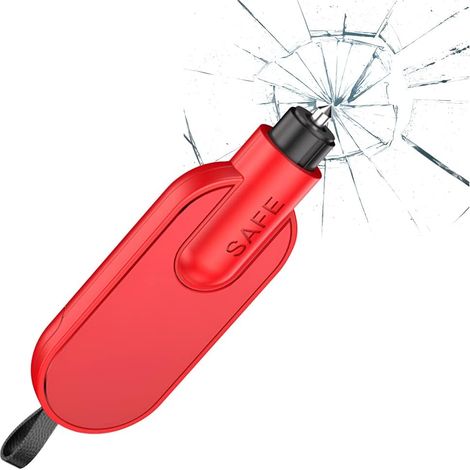 Brise-vitre/coupe-ceinture de sécurité, outil d'évacuation d'urgence de voiture à ressort, marteau de sécurité automobile 2 en 1 (rouge). (1/5)