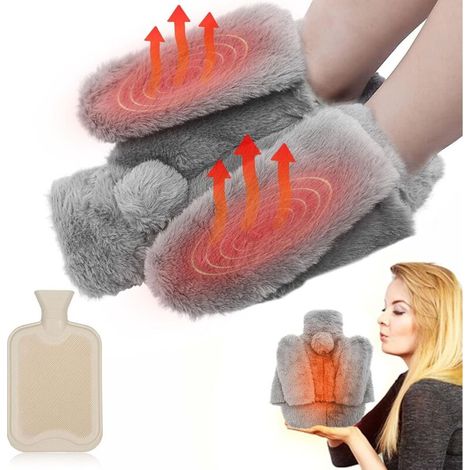Chauffe Pied, 2L Bouillotte Pied, 2 en 1 Bouillottes Peluche avec Couverture en Peluche Douce, Semelle Antidérapante Durable, Convient pour Garder au Chaud et Soulager la Douleur (Gris)