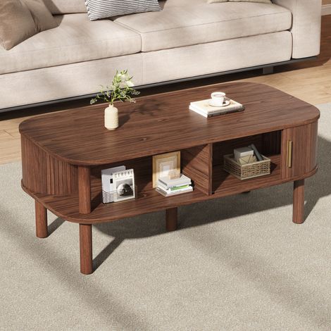 Table basse 110x55x45 cm scandinave avec porte coulissante, table d'appoint pour canapé, rangement 2 niveaux, MDF noyer (1/5)