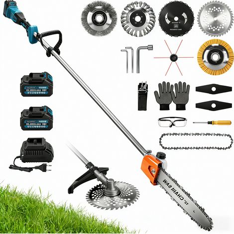 2-En-1 12″/192cm Élagueuse sur perche et Debroussailleuse à batterie 2×4,0Ah 1380W 18800RPM Sans fil, Moteur Sans Balais, 7 Types de Lames, Coupe 165°, Coupe-Bordures Compatible Makita 18V