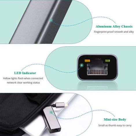 Adaptateur USB C vers Ethernet, Adaptateur Réseau Ethernet USB C vers RJ45 LAN Adaptateur de Transmission Stable de Type C A522 (1/4)