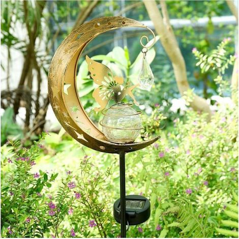 2 Stück Solar-Gartenleuchten für den Außenbereich, wasserdichtes Metall-Schmetterlings-Feen-Design, Glaskugeln für Terrasse und Rasen (1/5)