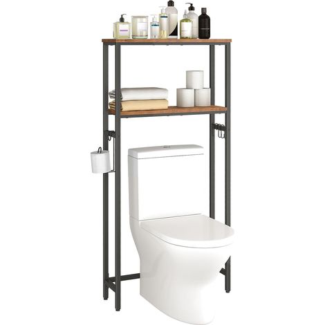 Étagère de Toilettes, Étagère WC à 2 Niveaux, Étagère de Salle de Bain, Meuble Toilette, Gain de Place, Montage Facile, Marron Rustique et Noir EBF49TS01 (1/5)