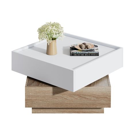 Table basse pivotante 360° blanche, rangement, noyer, 60x60x38 cm