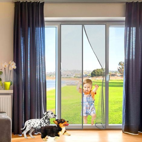 Mosquitera magnética para puertas y ventanas, 150 x 220 cm, cierre automático, cortina mosquitera con imanes y tira adhesiva, no requiere taladrar, color gris. (1/4)
