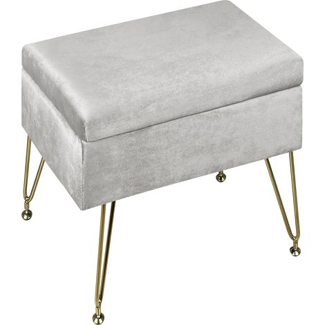 Pouf Contenitore Poggiapiedi Velluto Con Struttura Circolare Cromata Oro Elegante Imbottito Sgabello Per Toeletta Mobile Trucco Ottomano Ingresso Camera Da Letto Soggiorno Salotto Rotondo Grigio chiar