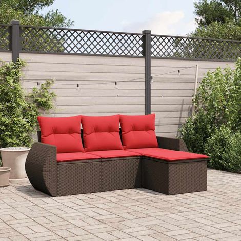 Salon de jardin 4 pièces en résine tressée marron avec coussins rouges - PANGIVO (1/5)