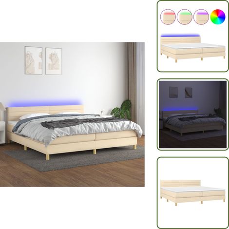 Sommier à lattes de lit et matelas et LED Crème 200x200cm Tissu - Sommier Tapissier - Lit Plateforme - Lit Avec Led - Matelas À Ressorts Ensachés - Têtière Ajustable (1/5)