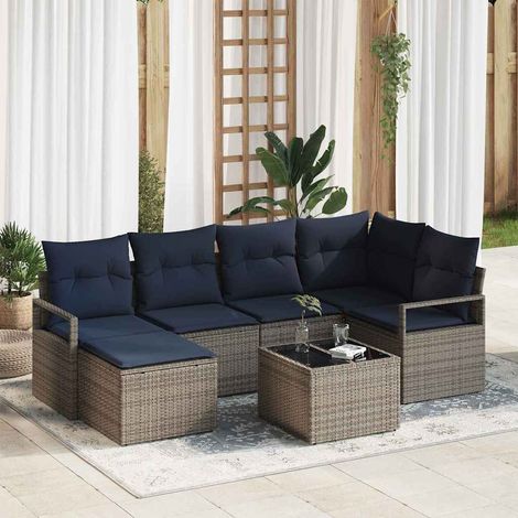 Sofa Set mit Kissen 7 pcs Grau Poly Rattan
