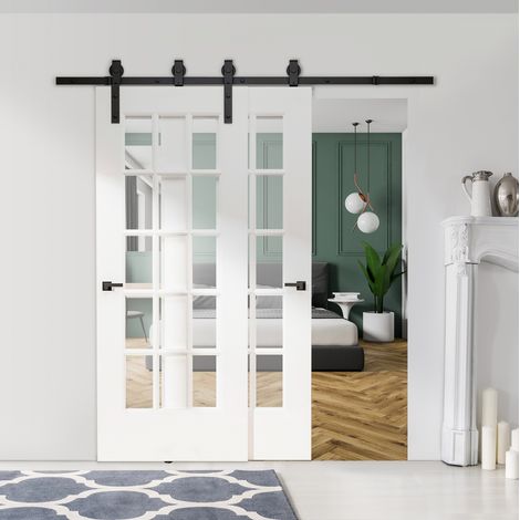 CHICFURN Sistema de puerta corredera de acero negro 200 cm para dos puertas, 90 kg (1/5)