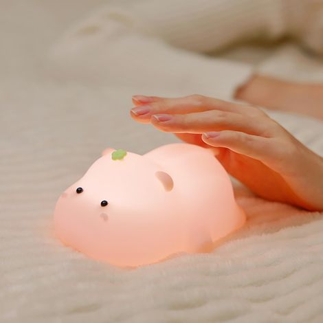 Veilleuse Enfant, Mignon Veilleuse Hippopotame, Silicone Lampe de Chevet Tactile, Recharge USB/Fonction Minuterie, Idee Cadeau Garçon fille, pour Enfants Adulte Chambre Décoration (1/5)