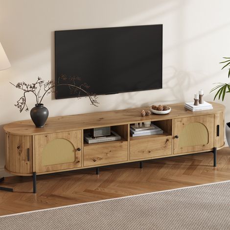 Meuble TV ovale 200x40x49,5 cm avec 2 portes coulissantes en rotin, 2 tiroirs et étagères,pieds métal,MDF,Naturel