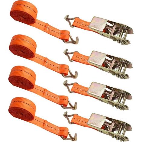 Lot de 4 sangles d'arrimage avec double crochet, 5m x 2.5cm, charge de rupture 2 tonnes