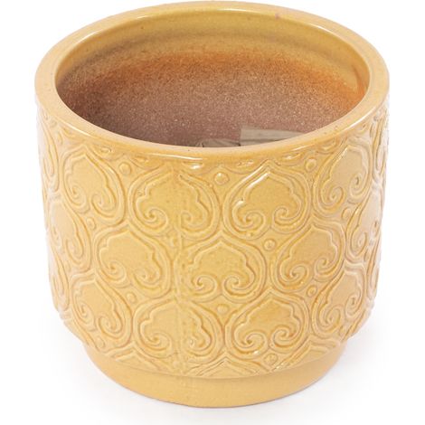 Maceta de cerámica Ø24 cm amarilla brillante con relieve de corazón y orificio de drenaje (1/5)