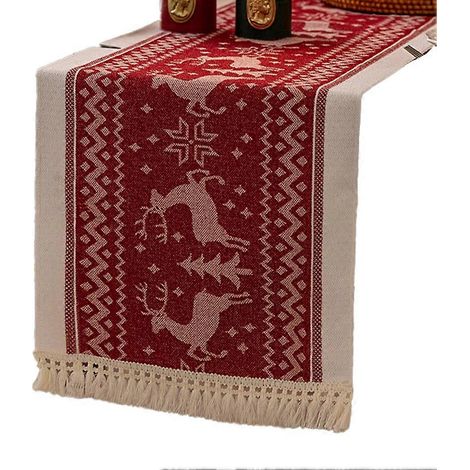 Chemin de table rouge de Noël, élégant chemin de table jacquard à motifs floraux avec franges pour la décoration intérieure, 35,5 x 180 cm (14 x 71 pouces) de profondeur (1/5)