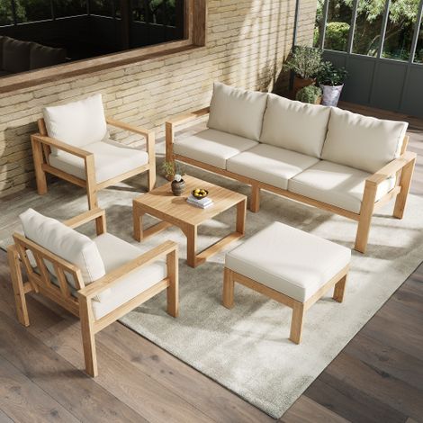 Gartenmöbel-Set, Geeignet für 4-6 Personen,Akazienrahmen, Dreisitzertisch + zwei Einzelstühle + Fußhocker + Couchtisch, geeignet für den Garten, Natur + creme