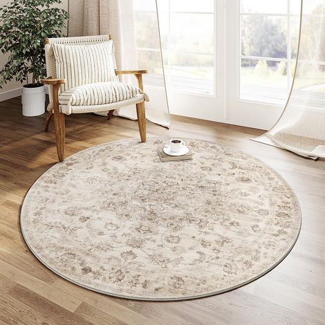Beige Vintage Tapis Salon 180cm Rond Lavable en Machine Chambre Adulte Rugs,Descente de Lit Carpets,AntidéRapant,Chambrel Mangerded Carpet,Interieur Doux Poil Ras (1/5)