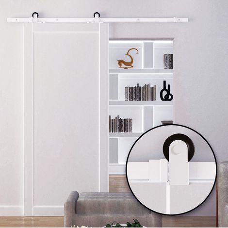 Kit de herrajes para puerta corredera de 183 cm en acero blanco, con rieles y ruedas (1/5)