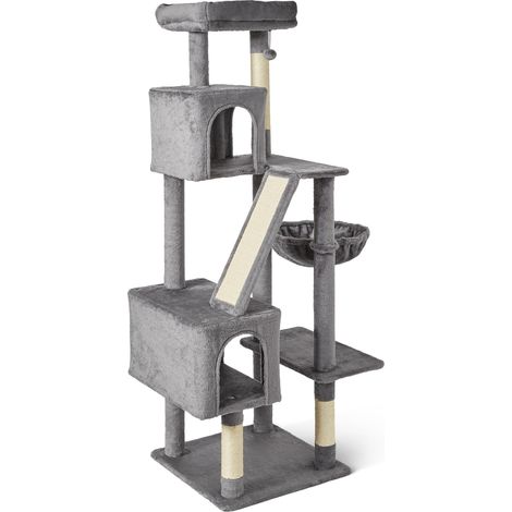 Arbre à Chat pour Chats d’Intérieur, Tour Multi-Niveaux, Niche avec Griffoir, Hamac Confortable et Perchoirs pour Chats Adultes, Balle Suspendue Interactive, Taille L, 152,7cm (H), Gris (1/5)