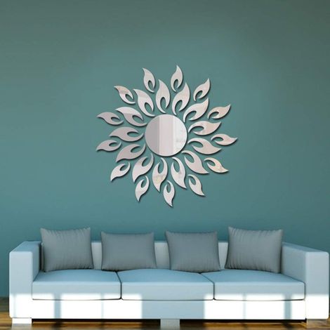 CCYKXA Runde 3D-Sonnenblumen-Spiegel-Acryl-Wandaufkleber für Wohnzimmer, Schlafzimmer, TV-Hintergrund, Hochzeitssaal, Eingangsbereich, Heimdekoration (Silber)