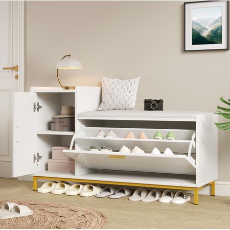 Mueble zapatero con asiento 100 x 38 x 68 cm, 2 niveles, almacenaje, blanco y dorado DESVIAE (1/5)