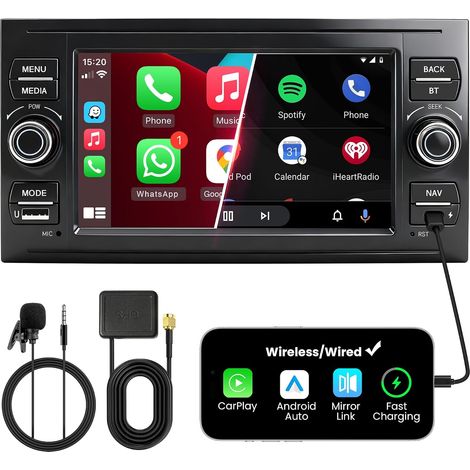 Autoradio Double DIN avec Écran pour Transit Fiesta Focus Mondeo Kuga, CarPlay et Android Auto sans Fil, Écran Tactile 7", 4 Go+64 Go, Bluetooth WiFi 5GHz Dab+ FM AUX GPS (1/5)