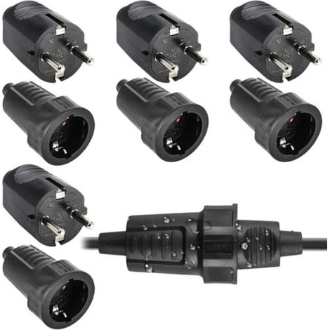 pairs of Schuko plug and socket: 250V 16A IP54 safety contact plug, 2-pole rubber plug and socket set with strain relief, waterproof Schuko plug suitable for outdoor use, black