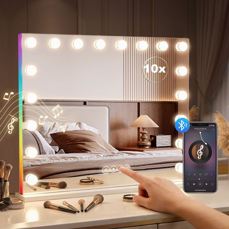 Specchio da trucco Hollywood con 18 luci LED dimmerabili, 3 colori, luce RGB, altoparlante Bluetooth, ingrandimento 10x, bianco