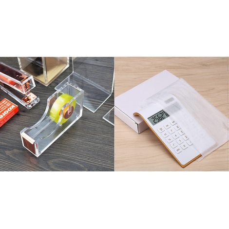 Un porte-ruban adhésif de bureau en acrylique de luxe et une calculatrice, pour les appareils électroniques de bureau/domicile. (1/4)