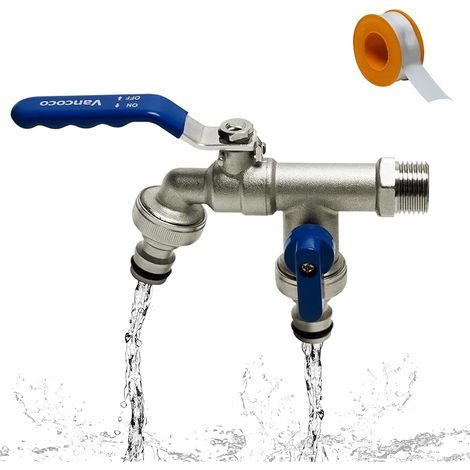 Doppelter 1/2-Zoll-Wasserhahn aus Messing (15/21) für den Außenbereich mit zwei 3/4-Zoll-Schlauchanschlüssen, rost- und frostbeständig, für Garten, Haushalt und Industrie (1/5)