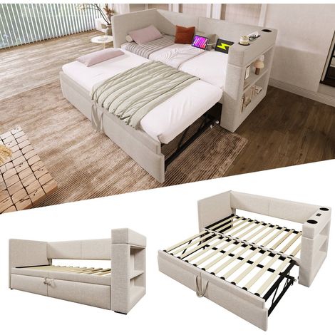 Lit banquette 90x200 cm en lin beige avec lit gigogne, ports USB-c et porte-gobelet, sans matelas (1/5)