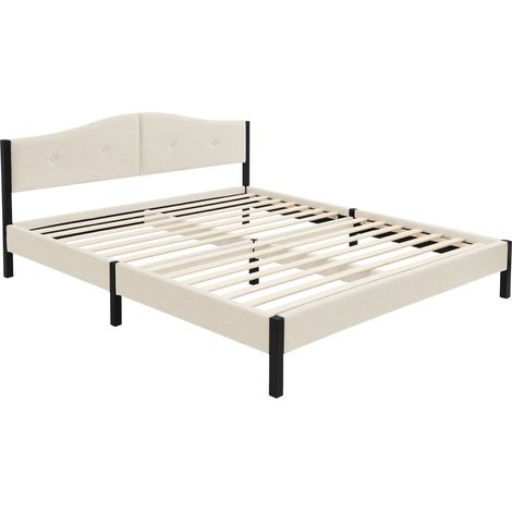 ML-Design Cama Tapizada Doble 160x200 cm Estructura con Cabecero y Somier Robusto de Láminas con Armazón de Acero y Tejido de Lino Beige, Base para Dormitorio Matrimonial Moderno (1/5)