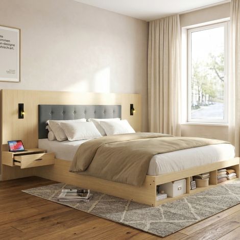 Letto matrimoniale 180x200 cm in MDF rovere chiaro, con contenitore e lampada FloraGrace (1/5)