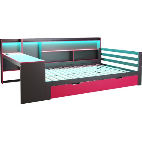 Letto multifunzione 140 x 200 cm con scrivania, ripiani, cassetti e LED nero rosso (1/5)