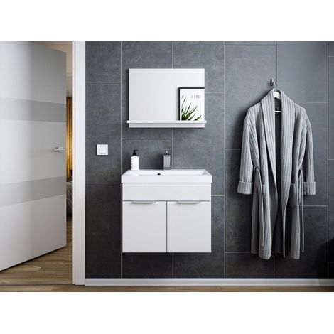 Badmöbel-Set Slimline Vega 2tlg mit Spiegel SoftClose weiss hochglanz/weiss matt (1/5)