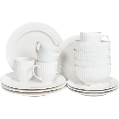Beliani Dinnerware White Porcelain Round of Kaolin Handmade (pack of 16) Ceramic, Gloss, Does Not Require Assembly, 27 x 27 x 2 cm COWSLIP