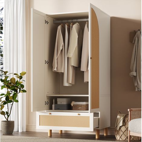 Kleiderschrank 85.5x52x180.5 cm Weiß Holz mit Rattan, Schublade und verstellbaren Regalböden (1/5)