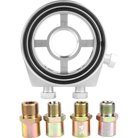 Adaptateur universel en aluminium argenté pour filtre à huile, plaque sandwich avec indicateur de température et refroidisseur d'huile. (1/5)