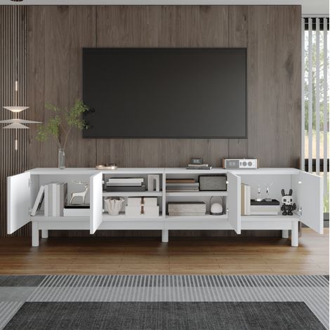 Mobile TV in MDF e truciolare bianco 169x34x45,5 cm con 4 ante ondulate, ripiani interni e gambe stabilizzanti (1/5)