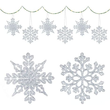 Decoración navideña de copos de nieve, 36 adornos colgantes con copos de nieve de 10 cm y 36 cordones, adornos de copos de nieve para ventana, árbol de Navidad, decoración de invierno (plateado)