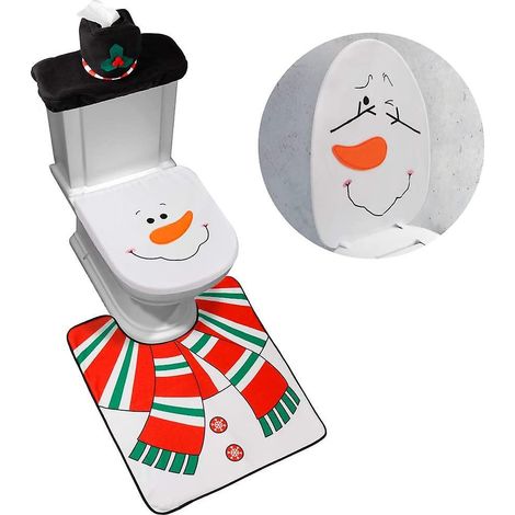 Ensemble de 4 pièces : housse de siège de toilette et tapis de sol, motif bonhomme de neige et Père Noël, décorations de Noël rouges pour salle de bain (1/5)