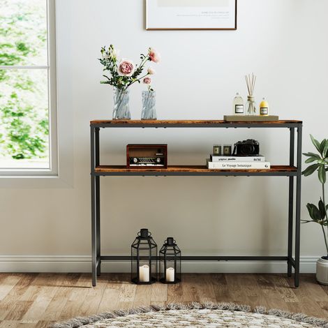 Console pour Couloir à 2 Niveaux, avec Étagères, pour Chambre ou Salon, 100 x 20 x 80 cm, Marron et Noir (1/4)