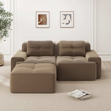 Canapé modulaire d’angle en l sans accoudoirs, assise profonde en velours côtelé avec ottoman et têtière (1/5)